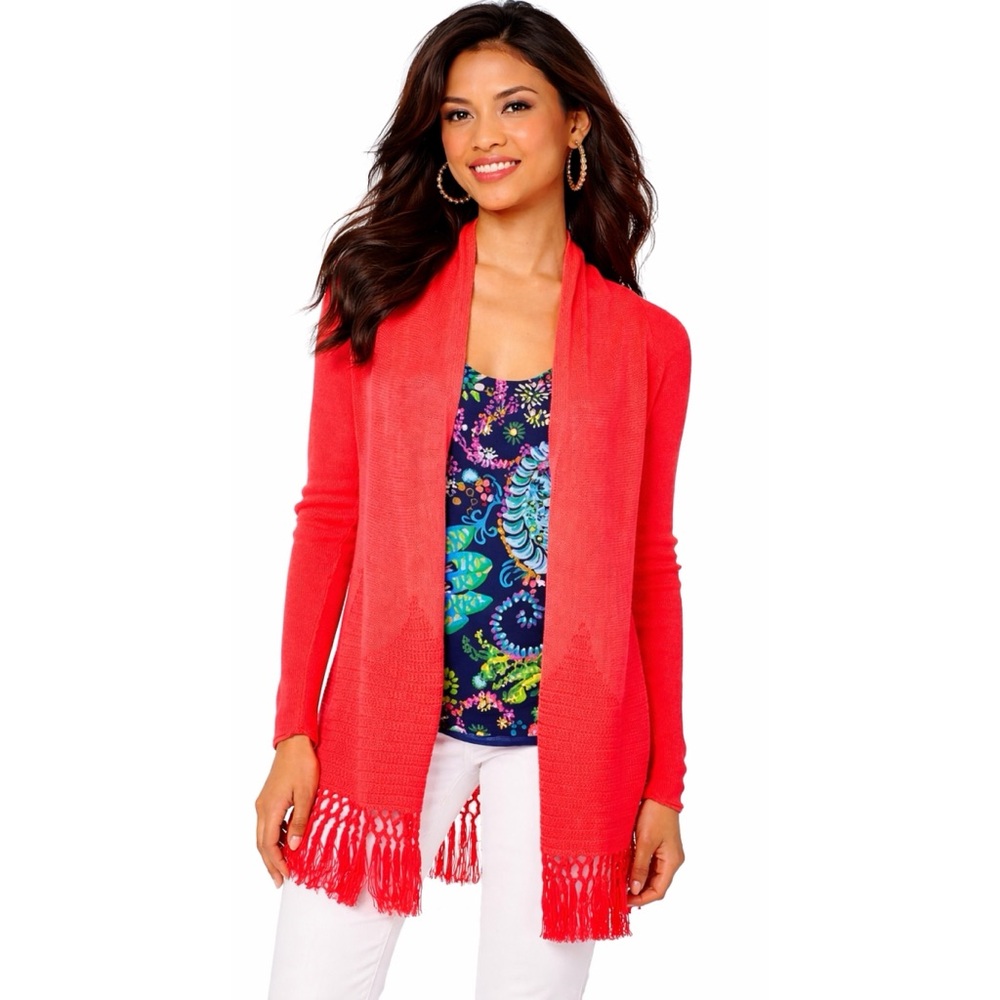 Lilly Pulitzer Tatum Open Cardigan Picante Coral Fringe Scallop Size XL - Picture 5 of 7